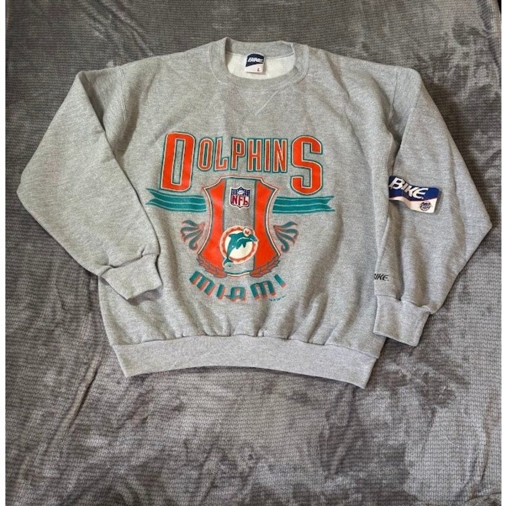 Vintage Miami Dolphins Bike Sweatshirt Grey NFL Graphic Pullover Large USA Made